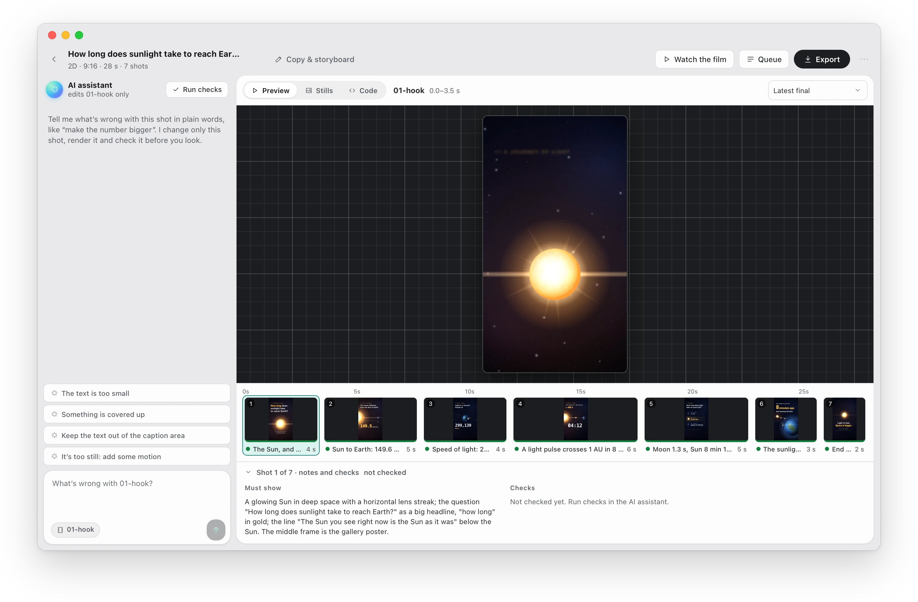 The studio: the AI assistant for the selected shot, the shot itself, and the film as a strip of shots with their notes and checks.