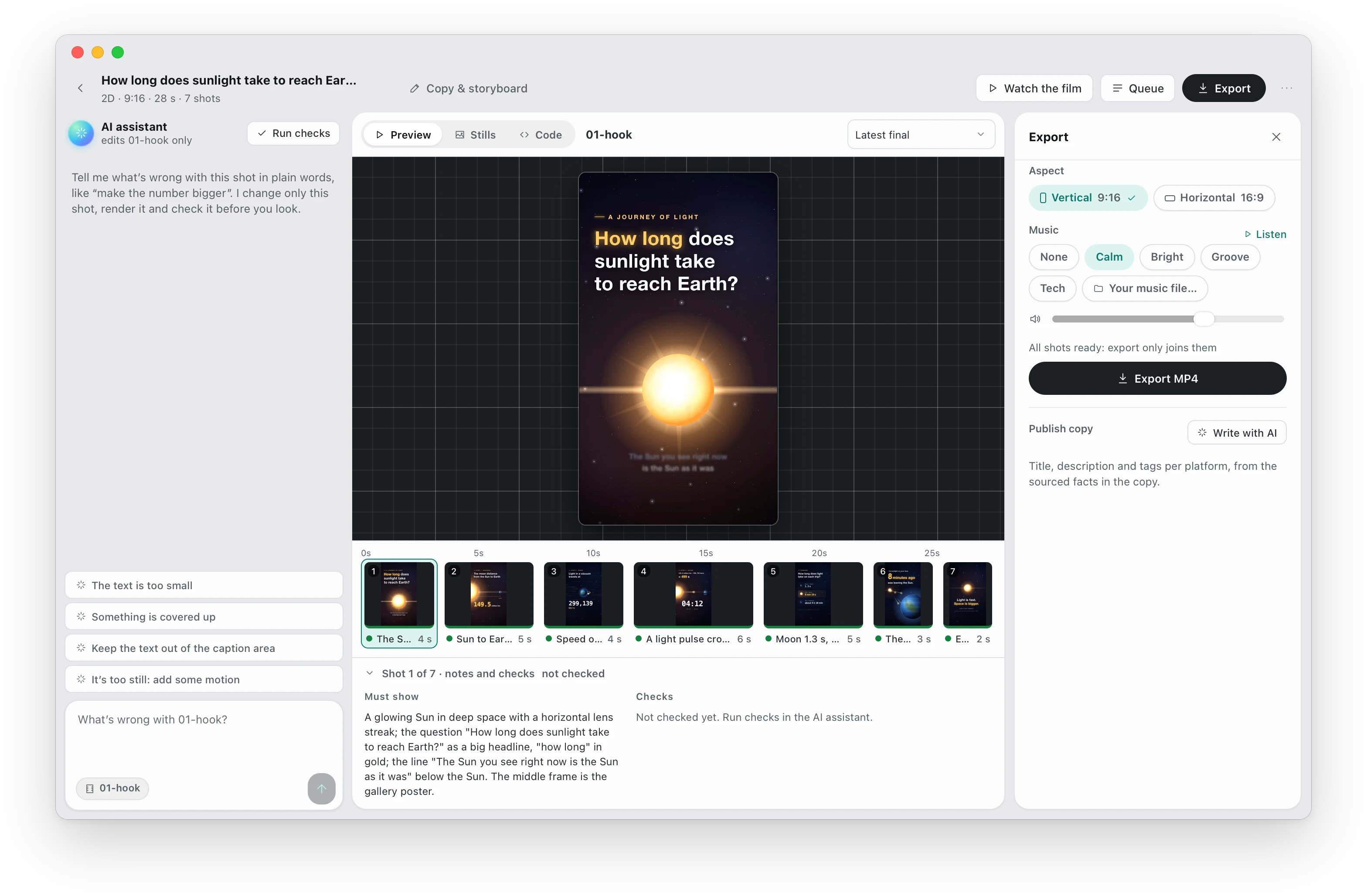 Export: pick the aspect and the music, then write the publish copy for each platform.